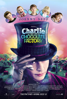 Poster Charlie a továreň na čokoládu, v predu je WIlly Wonka - Johny Depp.